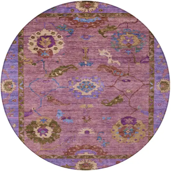 8' Pink Purple And Gold Round Floral Medallion Washable Indoor Outdoor Area Rug Photo 5