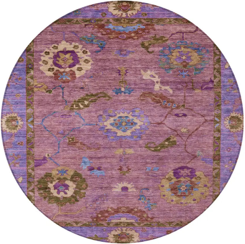 8' Pink Purple And Gold Round Floral Medallion Washable Indoor Outdoor Area Rug Photo 5