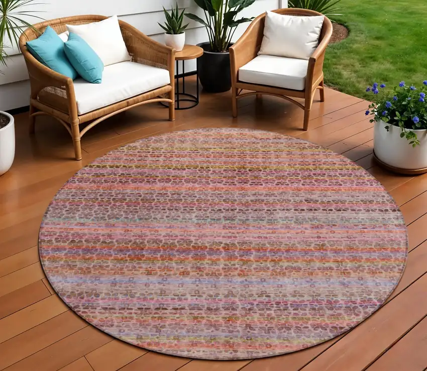 8' Pink Purple And Gold Round Striped Washable Indoor Outdoor Area Rug Photo 2
