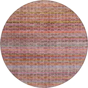 Photo of 8' Pink Purple And Gold Round Striped Washable Indoor Outdoor Area Rug