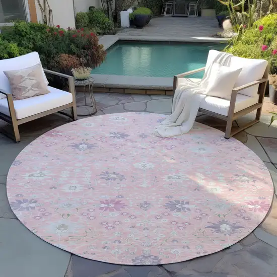 8' Pink Purple And Gray Round Oriental Washable Indoor Outdoor Area Rug Photo 6