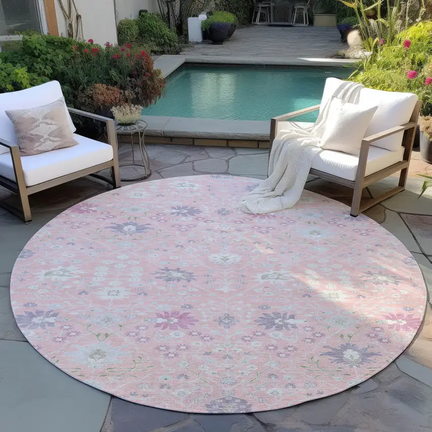 8' Pink Purple And Gray Round Oriental Washable Indoor Outdoor Area Rug Photo 6