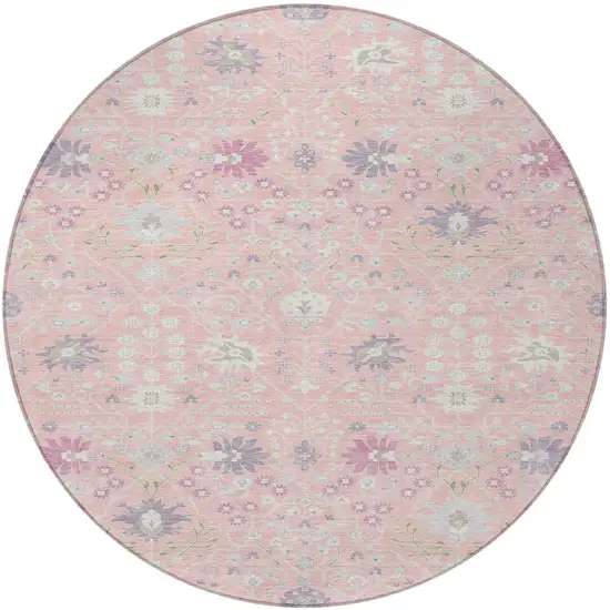 8' Pink Purple And Gray Round Oriental Washable Indoor Outdoor Area Rug Photo 5