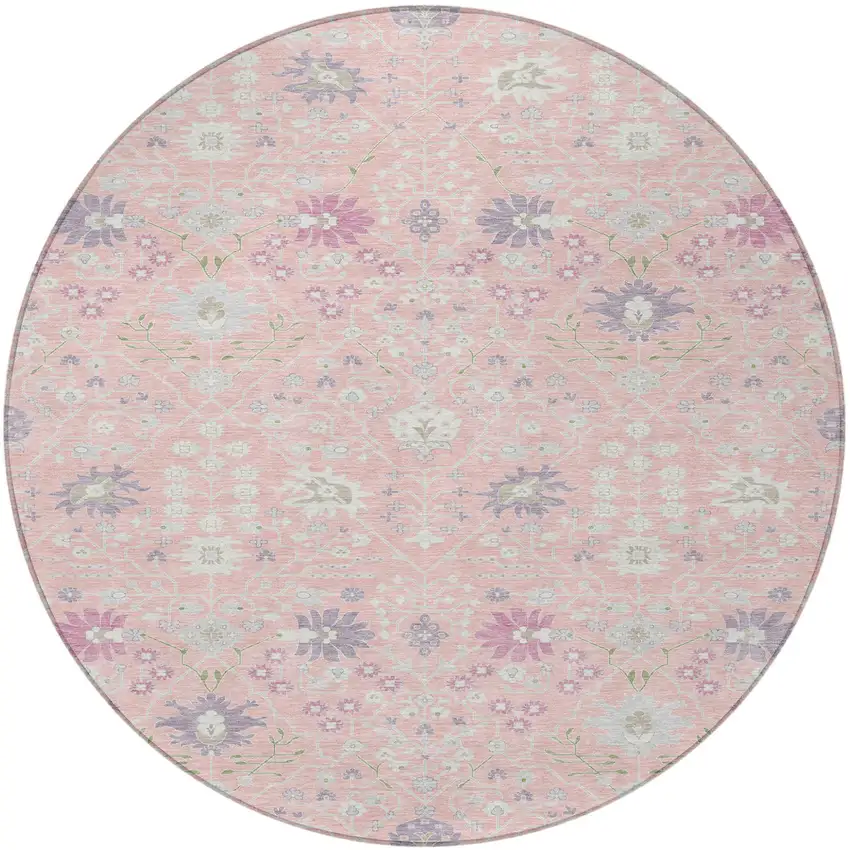 8' Pink Purple And Gray Round Oriental Washable Indoor Outdoor Area Rug Photo 5