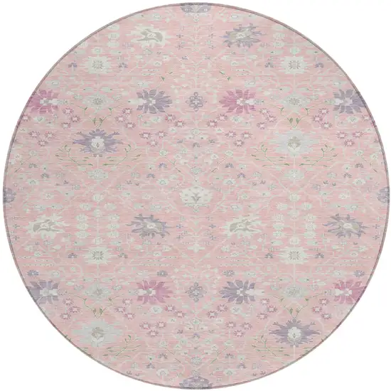 8' Pink Purple And Gray Round Oriental Washable Indoor Outdoor Area Rug Photo 2