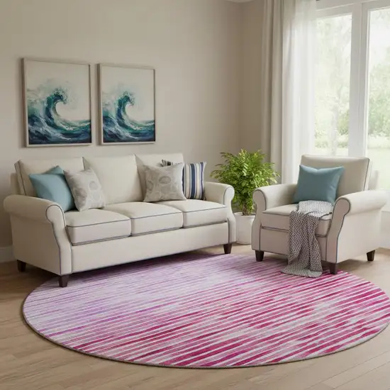 8' Pink Purple And Ivory Geometric Washable Round Rug With UV Protection Photo 1