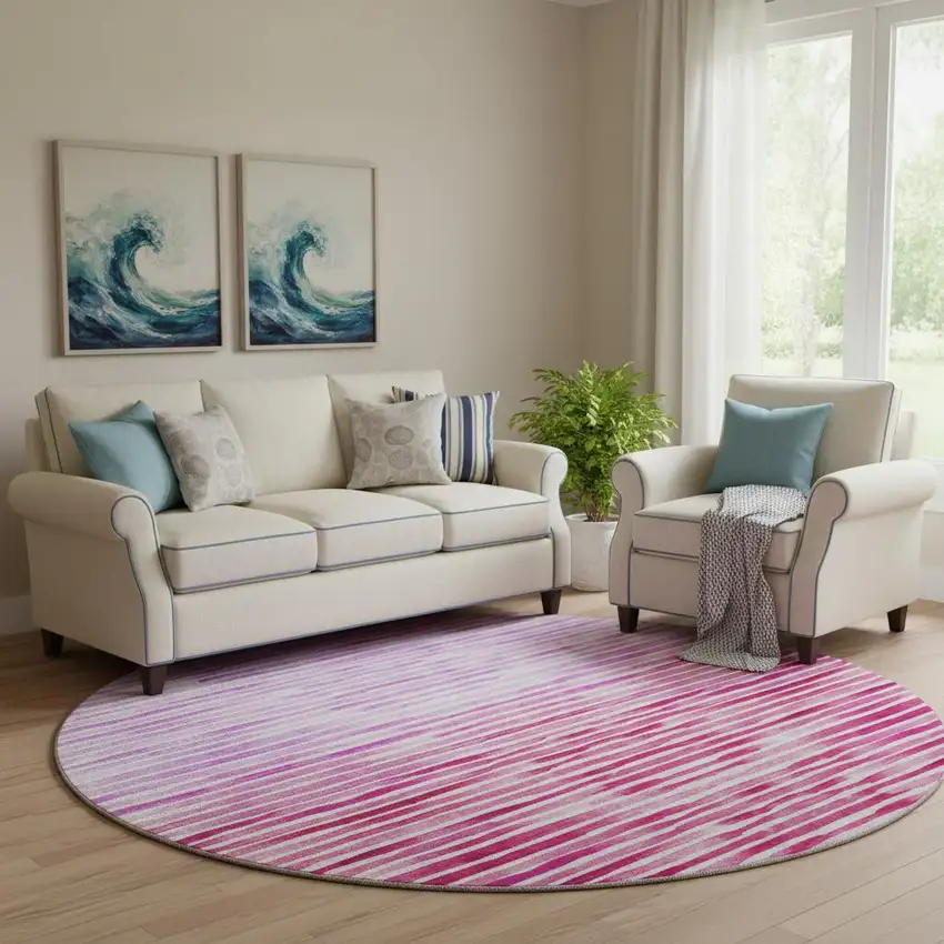 8' Pink Purple And Ivory Geometric Washable Round Rug With UV Protection Photo 1