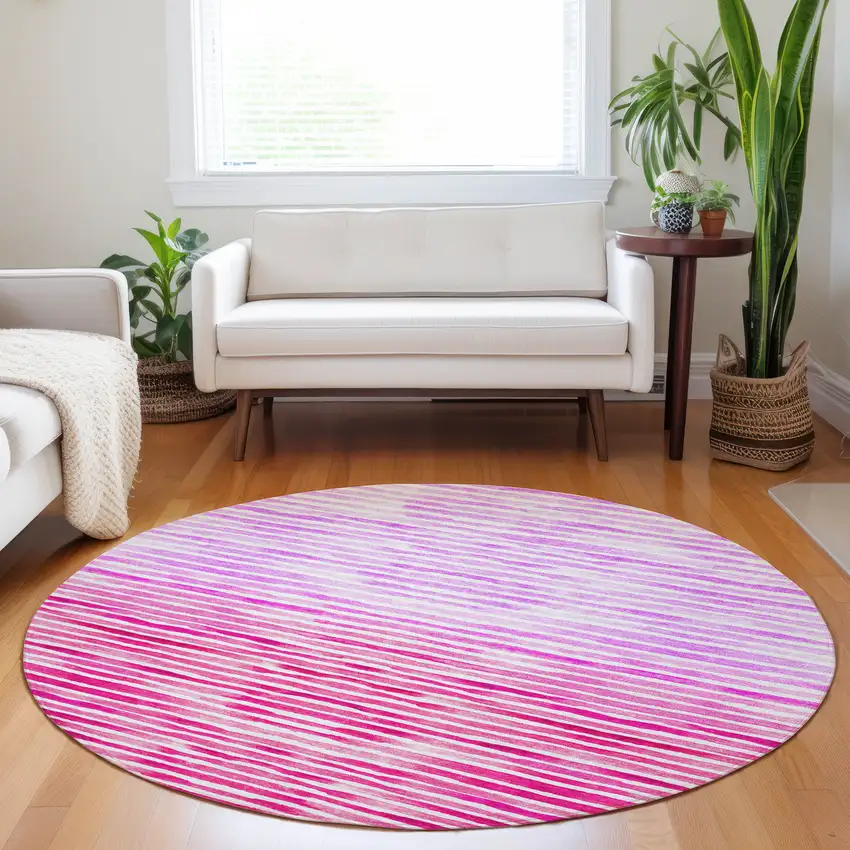 8' Pink Purple And Ivory Geometric Washable Round Rug With UV Protection Photo 5