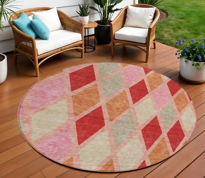 8' Pink Red And Copper Round Geometric Washable Indoor Outdoor Area Rug Photo 1