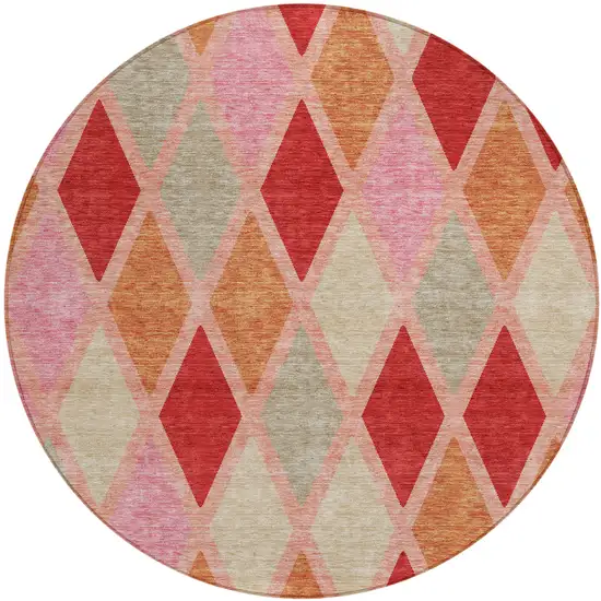 8' Pink Red And Copper Round Geometric Washable Indoor Outdoor Area Rug Photo 2
