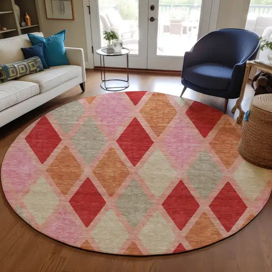 8' Pink Red And Copper Round Geometric Washable Indoor Outdoor Area Rug Photo 8