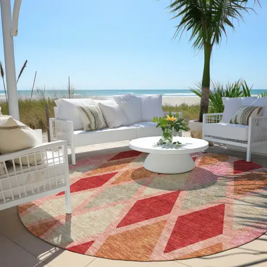 8' Pink Red And Copper Round Geometric Washable Indoor Outdoor Area Rug Photo 7