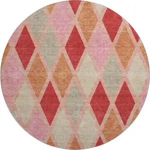 Photo of 8' Pink Red And Gray Geometric Washable Round Rug With UV Protection