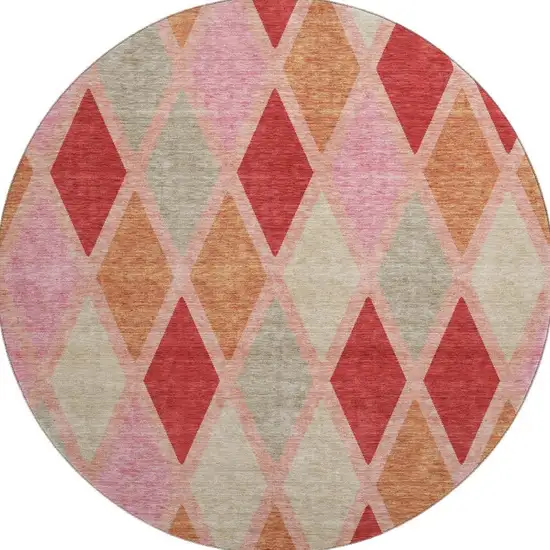 8' Pink Red And Gray Geometric Washable Round Rug With UV Protection Photo 4