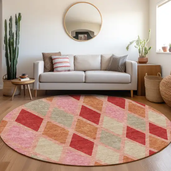 8' Pink Red And Gray Geometric Washable Round Rug With UV Protection Photo 5
