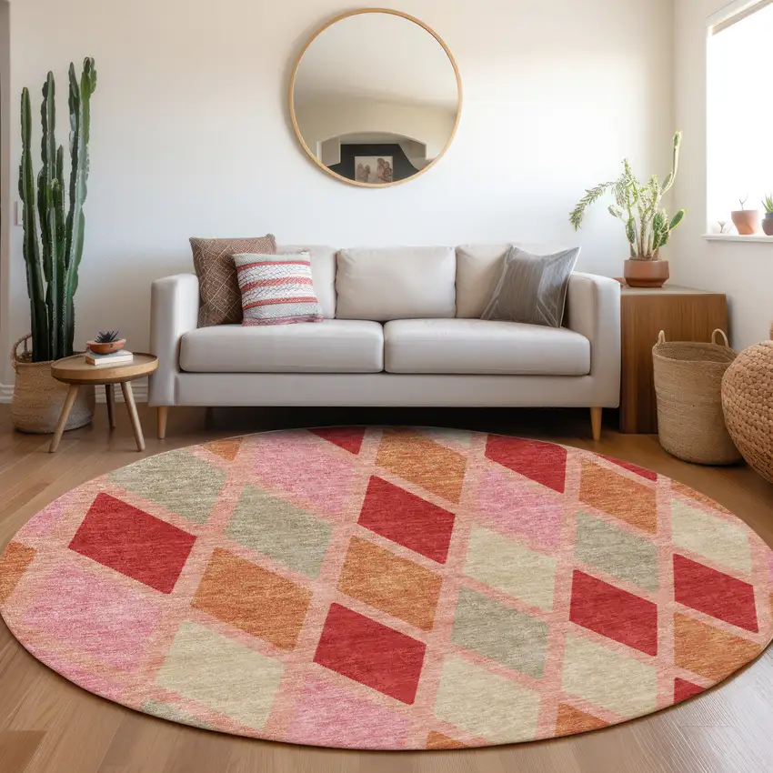 8' Pink Red And Gray Geometric Washable Round Rug With UV Protection Photo 5