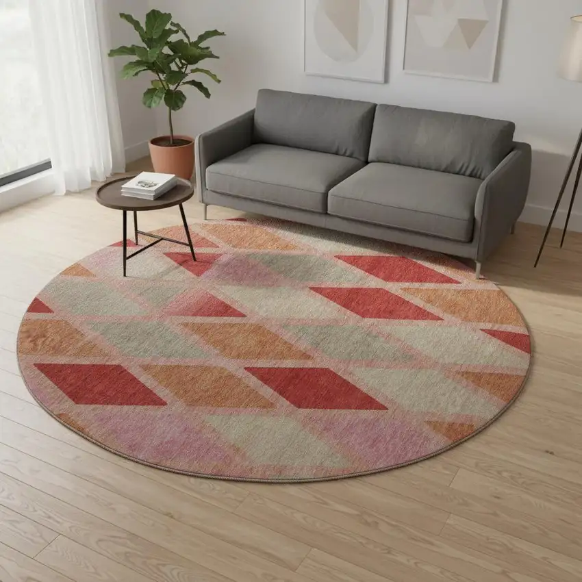 8' Pink Red And Gray Geometric Washable Round Rug With UV Protection Photo 2
