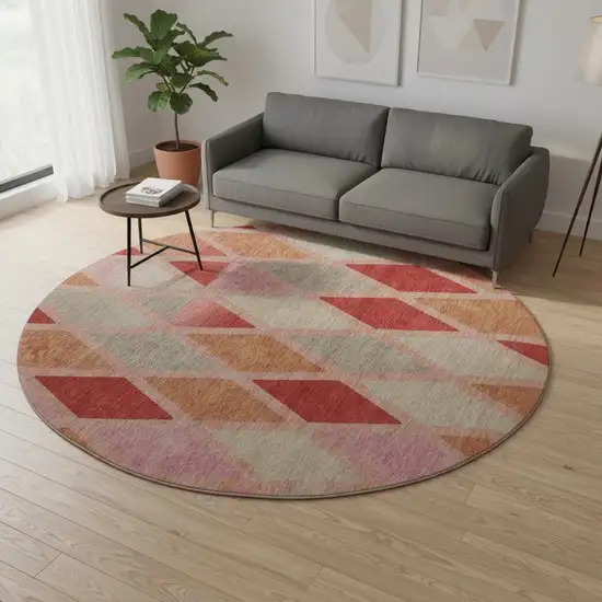 8' Pink Red And Gray Geometric Washable Round Rug With UV Protection Photo 2