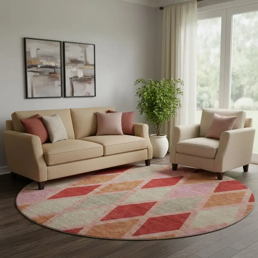 8' Pink Red And Gray Geometric Washable Round Rug With UV Protection Photo 1