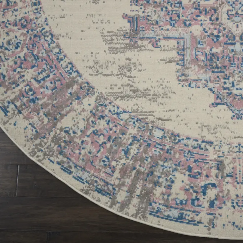 8' Pink Round Damask Power Loom Area Rug Photo 3