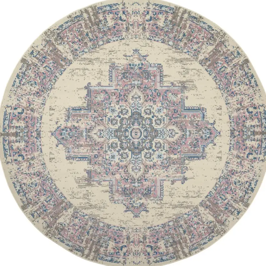 8' Pink Round Damask Power Loom Area Rug Photo 4