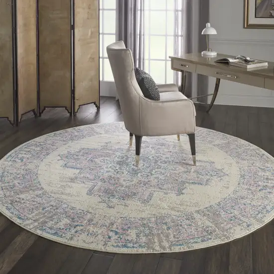 8' Pink Round Damask Power Loom Area Rug Photo 6