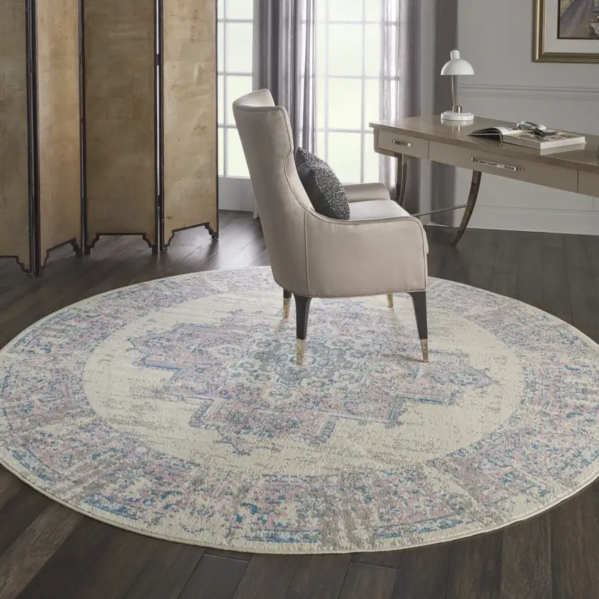 8' Pink Round Damask Power Loom Area Rug Photo 6