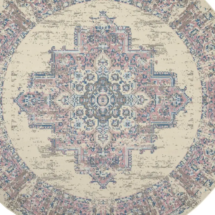 8' Pink Round Damask Power Loom Area Rug Photo 3