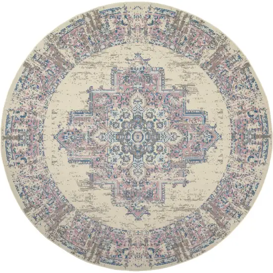 8' Pink Round Damask Power Loom Area Rug Photo 4