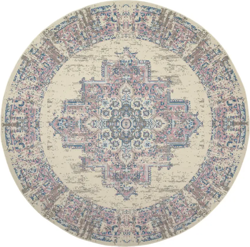 8' Pink Round Damask Power Loom Area Rug Photo 4