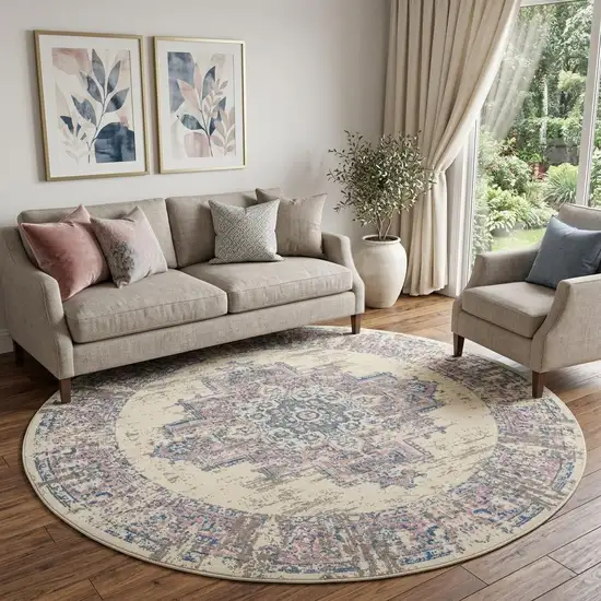 8' Pink Round Damask Power Loom Area Rug Photo 1