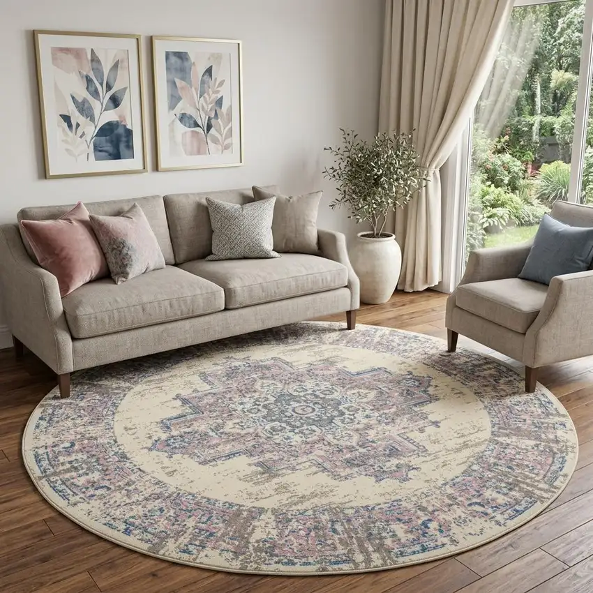 8' Pink Round Damask Power Loom Area Rug Photo 1