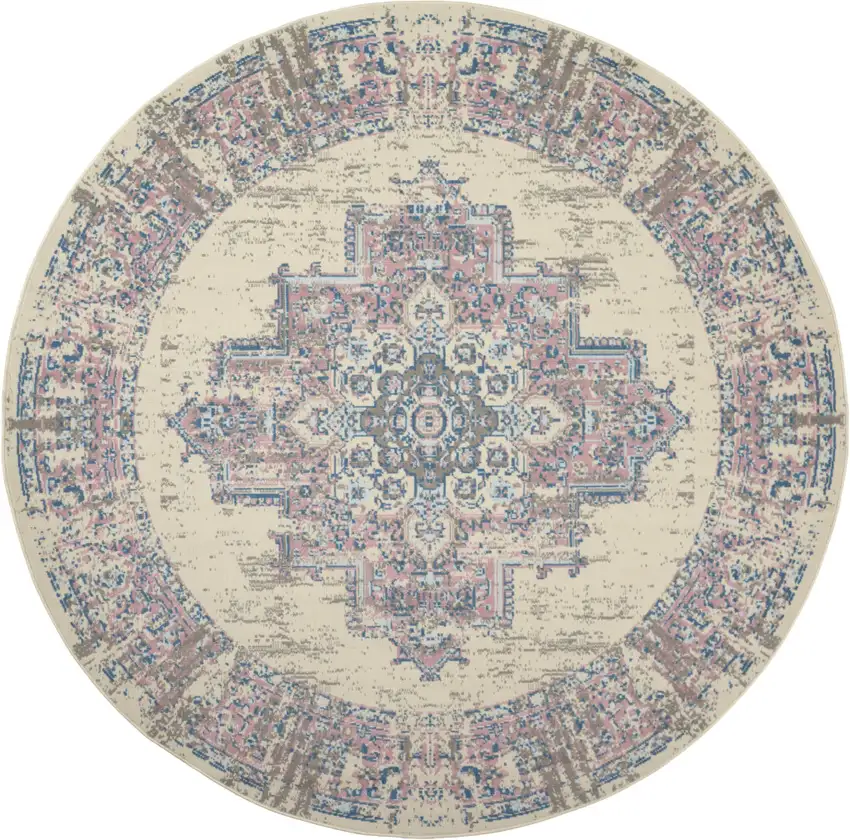 8' Pink Round Damask Power Loom Area Rug Photo 1