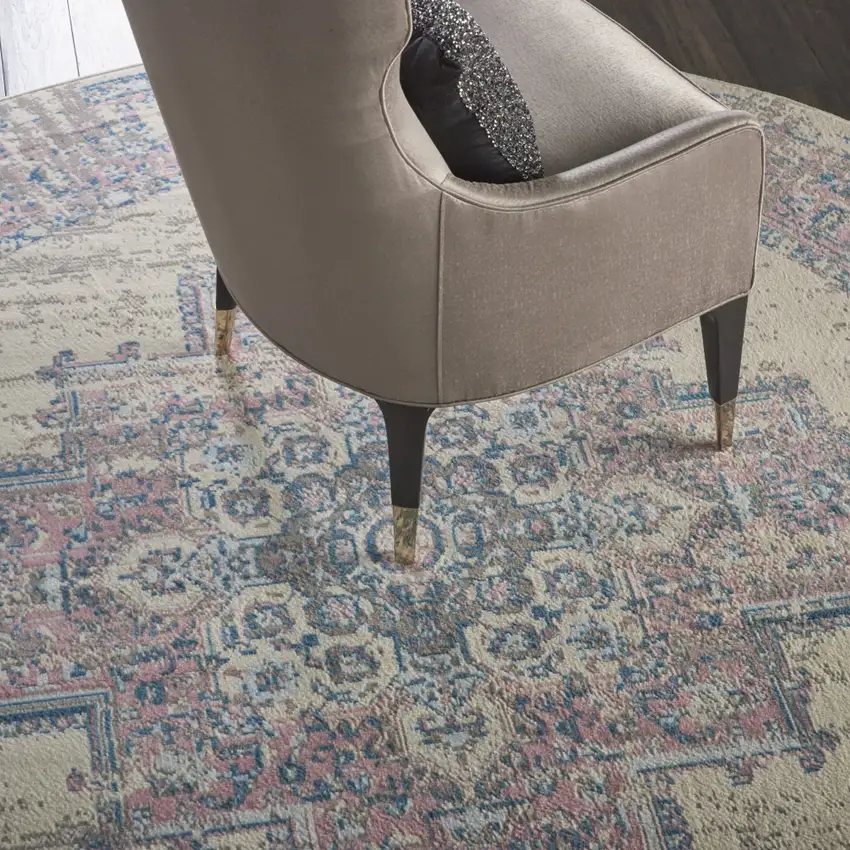 8' Pink Round Damask Power Loom Area Rug Photo 5
