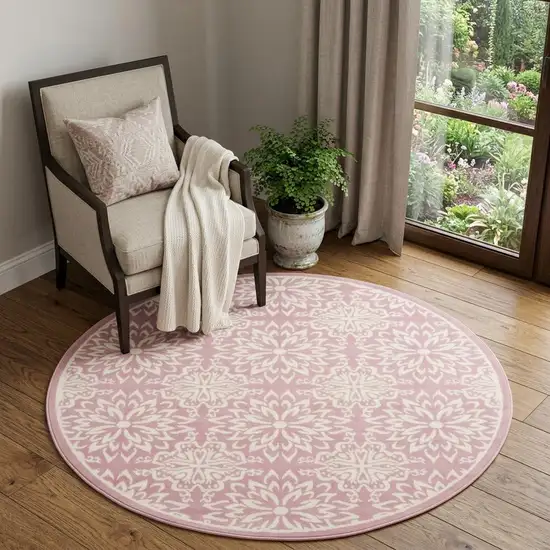 5' Pink Round Floral Power Loom Area Rug Photo 1