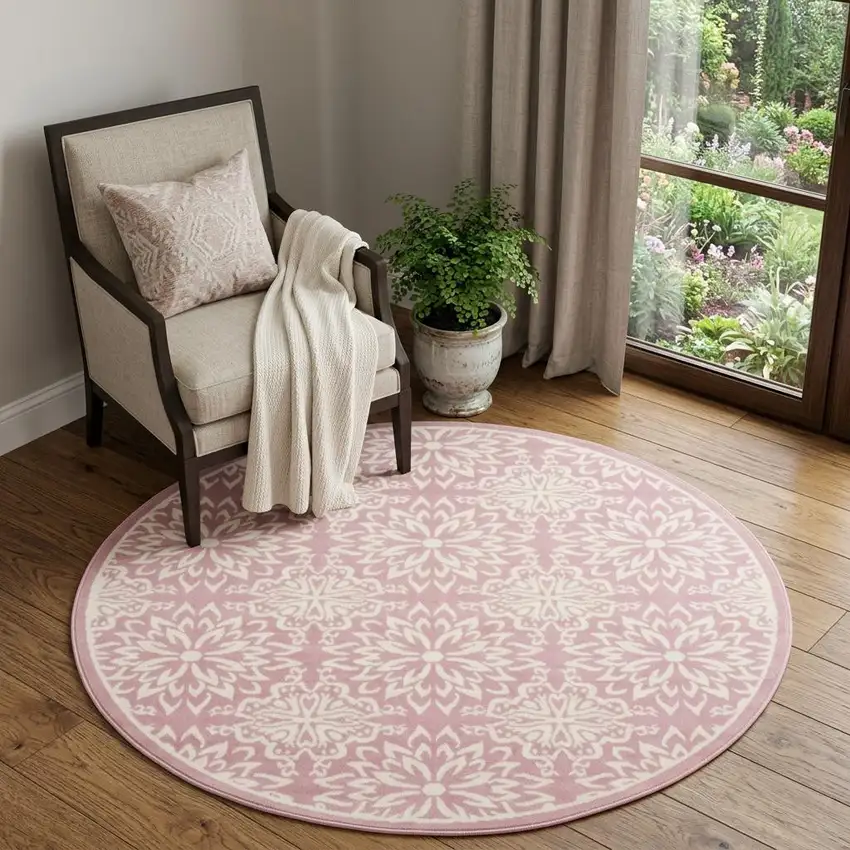 5' Pink Round Floral Power Loom Area Rug Photo 1