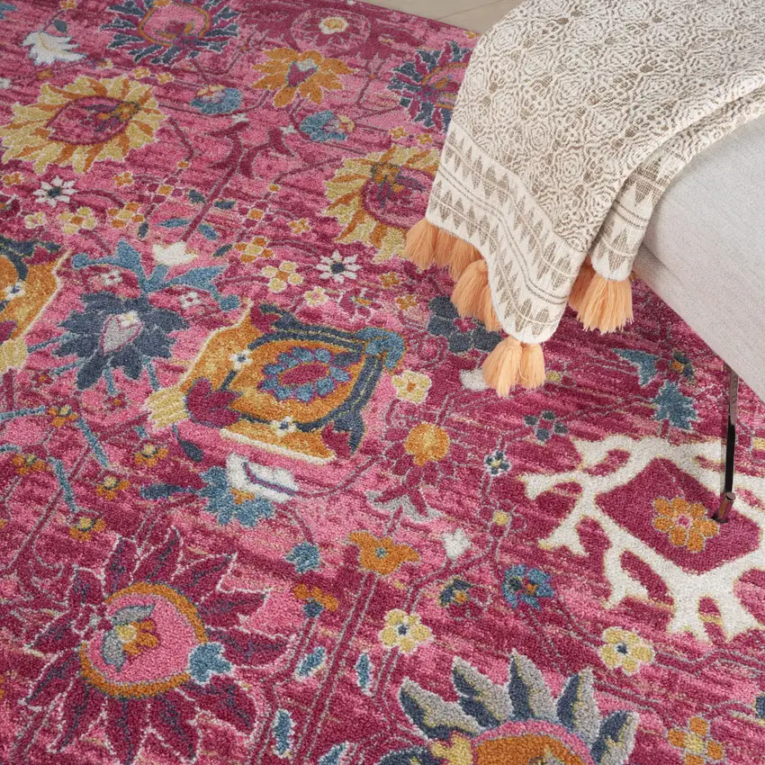 8' Pink Round Floral Power Loom Area Rug Photo 7