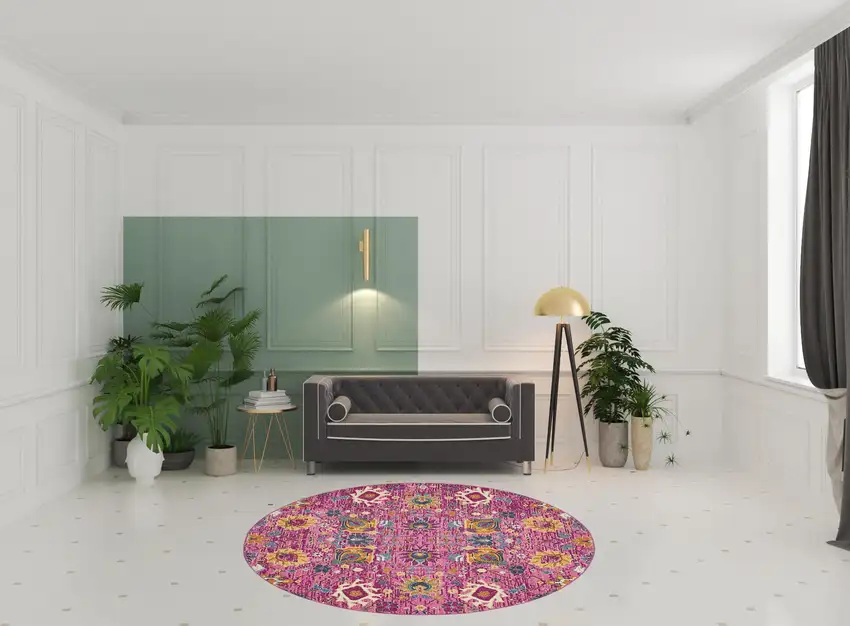 8' Pink Round Floral Power Loom Area Rug Photo 2