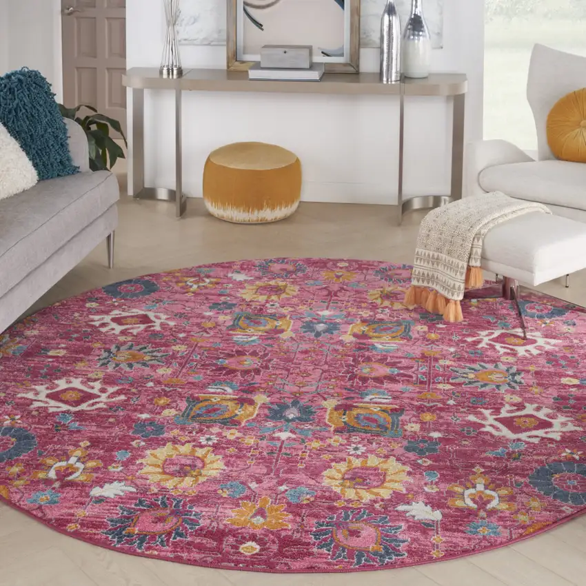 8' Pink Round Floral Power Loom Area Rug Photo 5