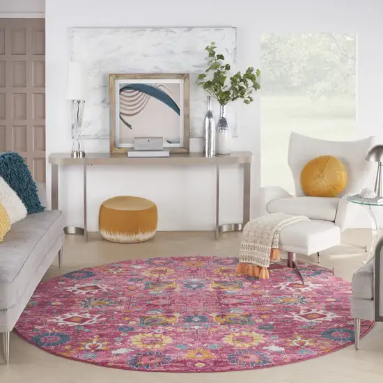 8' Pink Round Floral Power Loom Area Rug Photo 9