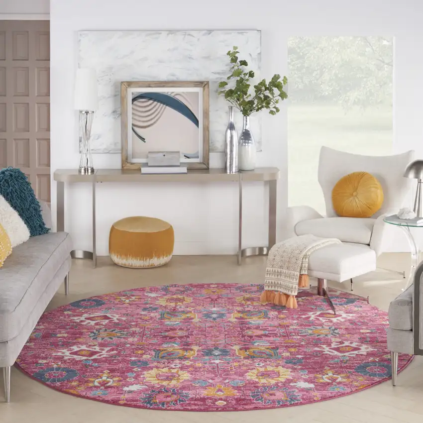 8' Pink Round Floral Power Loom Area Rug Photo 9