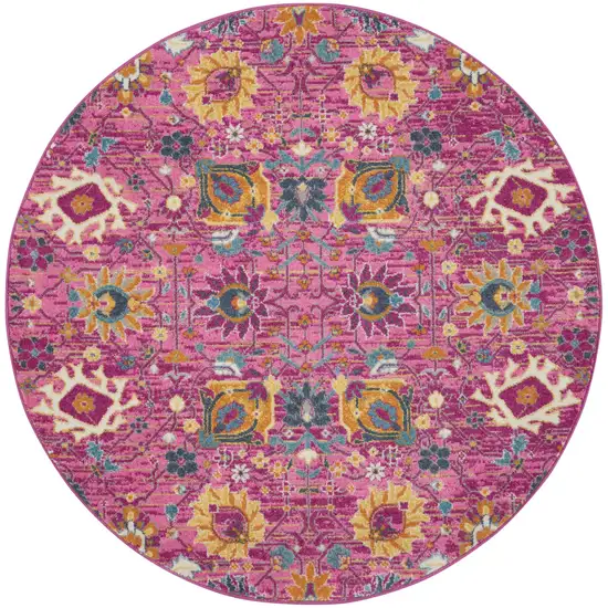 8' Pink Round Floral Power Loom Area Rug Photo 1