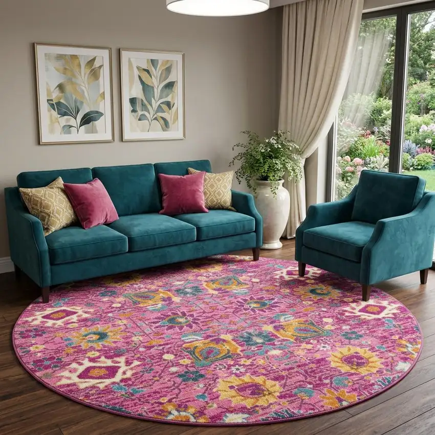 8' Pink Round Floral Power Loom Area Rug Photo 1