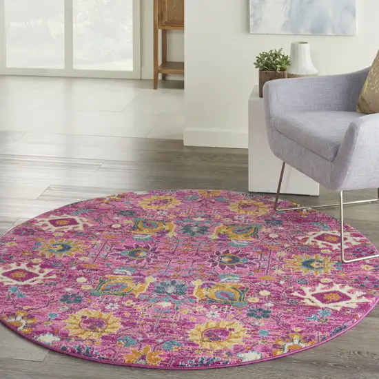 4' Pink Round Floral Power Loom Area Rug Photo 9