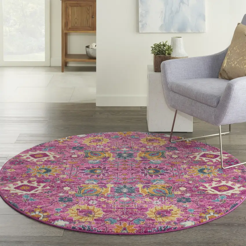 4' Pink Round Floral Power Loom Area Rug Photo 8