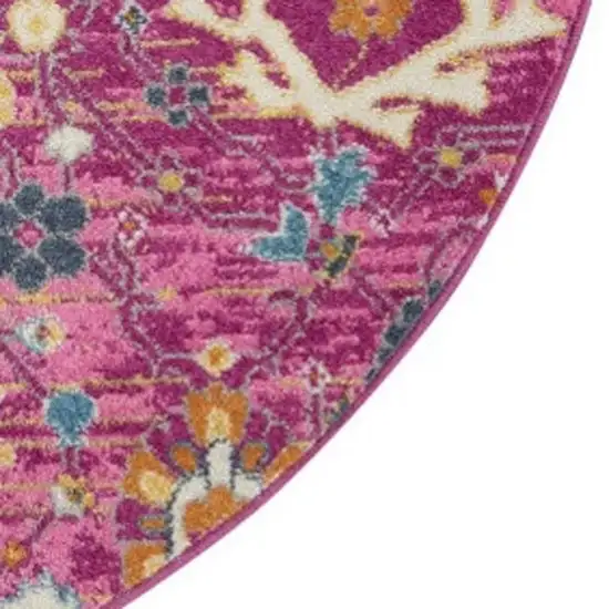 4' Pink Round Floral Power Loom Area Rug Photo 3