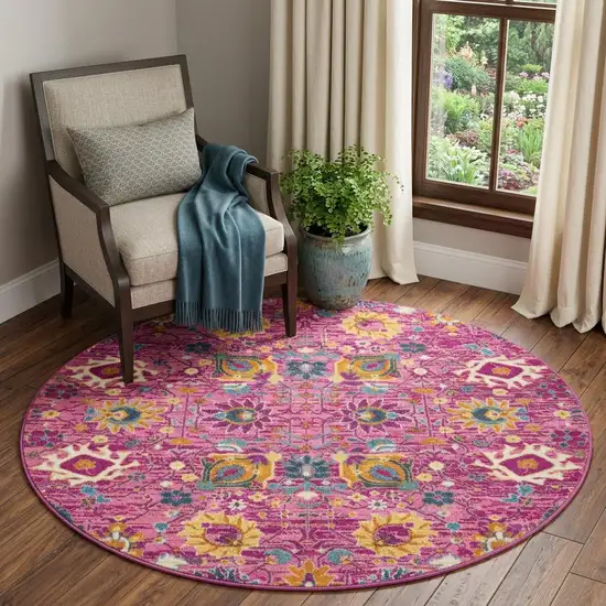 4' Pink Round Floral Power Loom Area Rug Photo 1