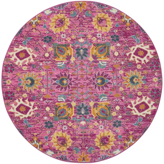 4' Pink Round Floral Power Loom Area Rug Photo 4