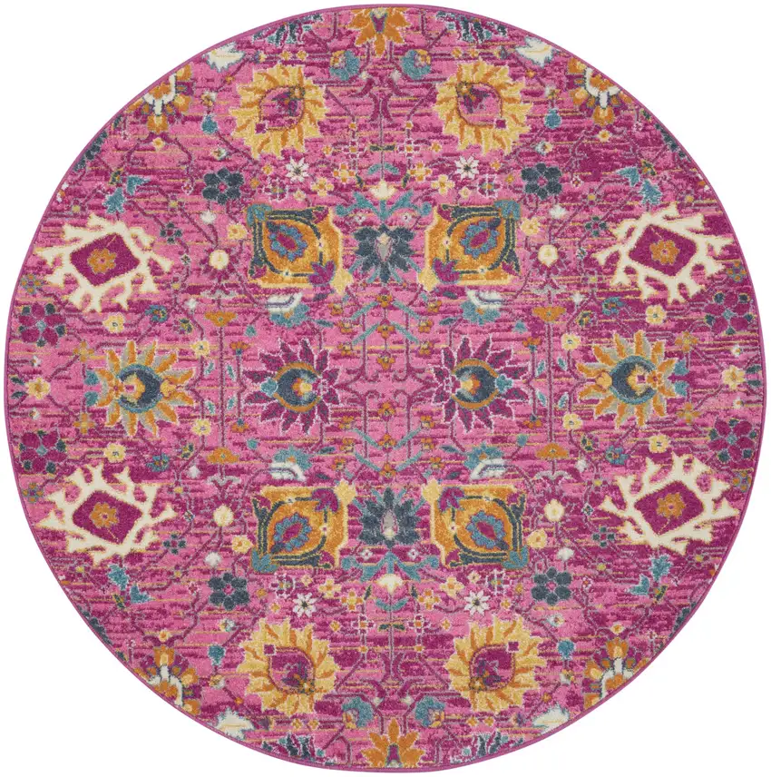 4' Pink Round Floral Power Loom Area Rug Photo 4