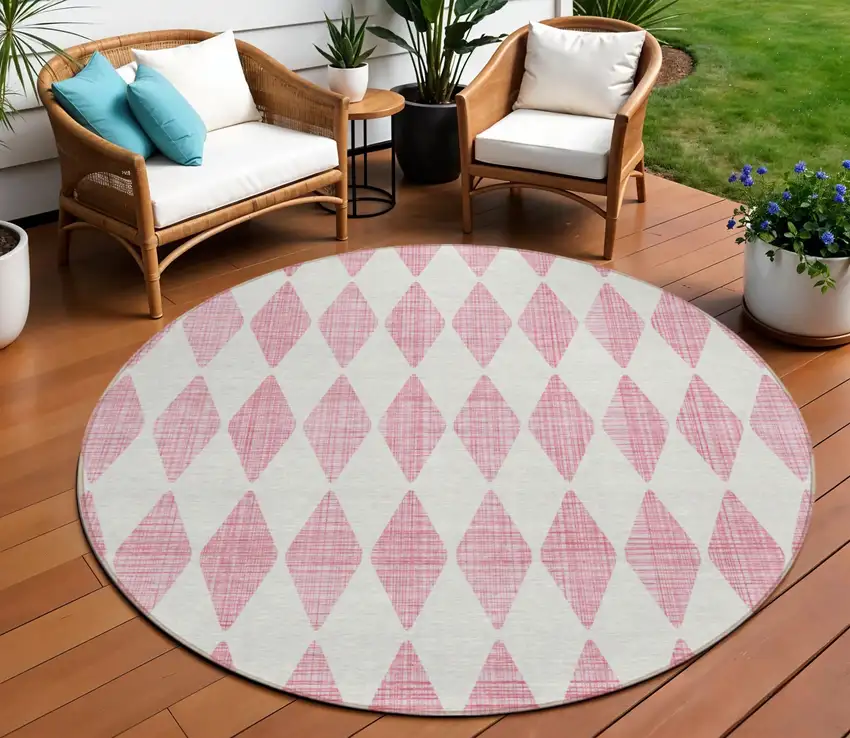 8' Pink Round Geometric Washable Indoor Outdoor Area Rug Photo 1